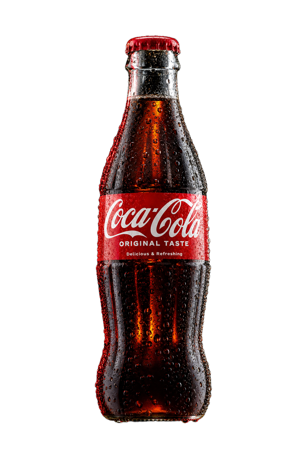 Ice-cold glass Coca-Cola bottle covered in condensation